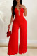 Red Elegant Solid Hollowed Out Patchwork Strapless Regular Jumpsuits