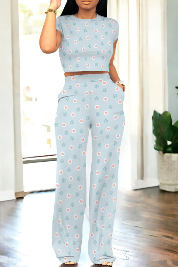 Light Blue Casual Print Patchwork O Neck Short Sleeve Two Pieces