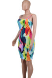 Multicolor Casual Print Patchwork Backless Spaghetti Strap Sling Dresses