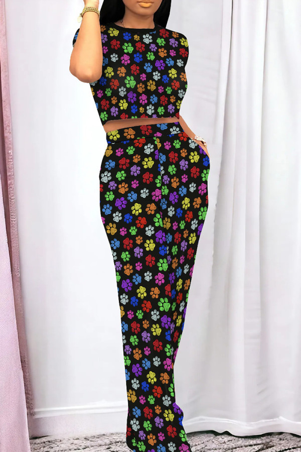 Black Casual Print Patchwork O Neck Short Sleeve Two Pieces