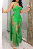 White Sexy Solid Tassel Hollowed Out Patchwork Spaghetti Strap Sling Dresses