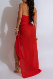 Red Sexy Solid Hollowed Out Patchwork See-through High Opening Fold Halter Long Dresses