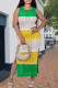 Green Elegant Color Block Hollowed Out Patchwork Slit O Neck Long Dresses