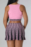 Red Sweet Print Patchwork U Neck Sleeveless Two Pieces