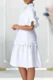 White Elegant Solid Patchwork Stringy Selvedge Mandarin Collar A Line Dresses