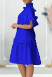 Blue Elegant Solid Patchwork Stringy Selvedge Mandarin Collar A Line Dresses