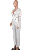 White Casual Solid Lace Patchwork See-through With Belt Zipper V Neck Regular Jumpsuits