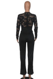 White Casual Solid Lace Patchwork See-through With Belt Zipper V Neck Regular Jumpsuits