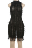 Black Sexy Solid Hollowed Out Patchwork O Neck Wrapped Skirt Dresses
