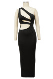 Light Coffee Elegant Solid Hollowed Out Patchwork Backless Asymmetrical Collar Long Dresses