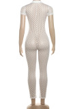 White Street Solid Hollowed Out Patchwork Buckle V Neck Skinny Jumpsuits