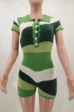 Green Casual Color Block Patchwork Buckle Turndown Collar Skinny Rompers