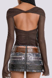 Brown Sexy Solid Hollowed Out Patchwork Draw String See-through Off the Shoulder Tops