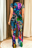 Brown Casual Gradient Print Graffiti Pocket Contrast O Neck Short Sleeve Two Pieces