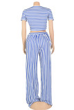 Green Sweet Striped Patchwork Fold V Neck Short Sleeve Two Pieces