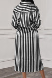 Black White Elegant Striped Bandage Patchwork Buckle Turndown Collar Long Dresses