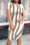 White Casual Striped Print Contrast O Neck Short Sleeve Short Sleeve Dress