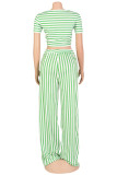 Green Sweet Striped Patchwork Fold V Neck Short Sleeve Two Pieces
