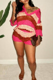 Rose Red Casual Color Block Hollowed Out Patchwork Weave V Neck Half Sleeve Two Pieces