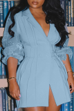 Baby Blue Street Solid Mesh Turndown Collar Shirt Dress Dresses