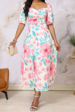 Blue Elegant Print Patchwork Fold Square Collar Long Dresses