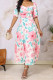 Pink Green Elegant Print Patchwork Fold Square Collar Long Dresses