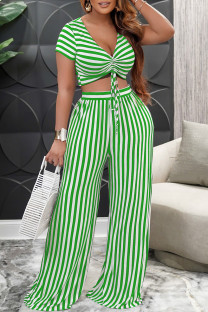 Green Sweet Striped Patchwork Fold V Neck Short Sleeve Two Pieces