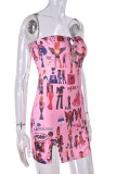 Pink Street Print Hollowed Out Patchwork Slit Strapless Wrapped Skirt Dresses