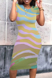 Colour Casual Striped Print Contrast O Neck Short Sleeve Short Sleeve Dress