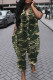 Army Green Casual Print Patchwork Pocket Buckle Turndown Collar Loose Jumpsuits