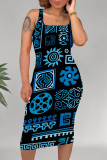 Navy Blue Casual Geometric Print U Neck Printed Dresses