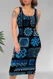 Navy Blue Casual Geometric Print U Neck Printed Dresses
