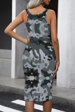 Grey Casual Camouflage Print U Neck Printed Dresses