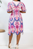 Pink Celebrities Print Patchwork With Belt Zipper V Neck A Line Dresses