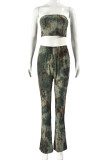 Green Street Print Patchwork Backless Strapless Sleeveless Two Pieces