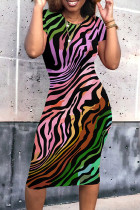 Colour Casual Striped Print Contrast O Neck Short Sleeve Short Sleeve Dress