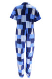 Blue Casual Print Patchwork Pocket Buckle Turndown Collar Loose Jumpsuits