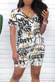 Green Casual Letter Character Print V Neck Short Sleeve Two Pieces