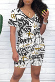 Black Yellow Casual Letter Character Print V Neck Short Sleeve Two Pieces