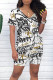 Black And White Casual Letter Character Print V Neck Short Sleeve Two Pieces