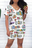 Black Yellow Casual Letter Character Print V Neck Short Sleeve Two Pieces