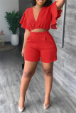 Rose Red Casual Solid Flounce V Neck Short Sleeve Two Pieces