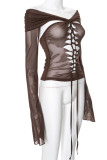 Brown Sexy Solid Hollowed Out Patchwork Draw String See-through Off the Shoulder Tops
