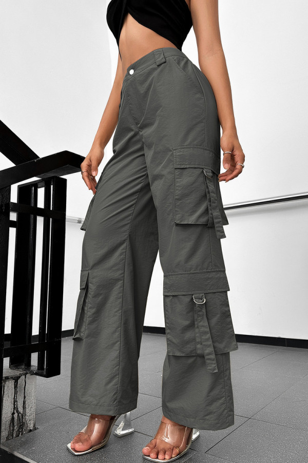Dark Gray Sexy Solid Patchwork Pocket Buttons Zipper Loose High Waist Wide Leg Patchwork Bottoms