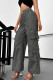 Dark Gray Sexy Solid Patchwork Pocket Buttons Zipper Loose High Waist Wide Leg Patchwork Bottoms