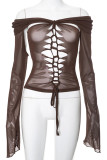 Brown Sexy Solid Hollowed Out Patchwork Draw String See-through Off the Shoulder Tops
