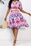 Pink Celebrities Print Patchwork With Belt Zipper V Neck A Line Dresses
