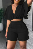 Black Casual Solid Flounce V Neck Short Sleeve Two Pieces