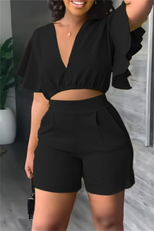 Black Casual Solid Flounce V Neck Short Sleeve Two Pieces