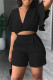 Black Casual Solid Flounce V Neck Short Sleeve Two Pieces